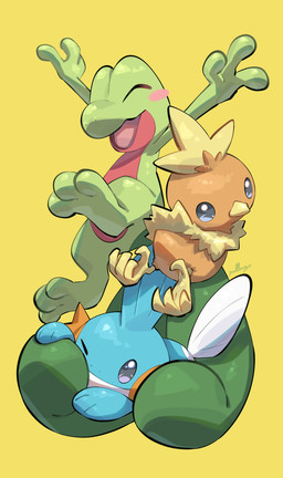 ambiguous_gender beak big_tail blue_body blush eyes_closed feet feral fin green_body green_tail group head_fin multicolored_body one_eye_closed open_mouth open_smile orange_body red_body simple_background smile tail tail_fin talons toes trio two_tone_body white_body white_tail yellow_background yellow_body nullma nintendo pokemon generation_3_pokemon mudkip pokemon_(species) torchic treecko absurd_res digital_media_(artwork) hi_res signature