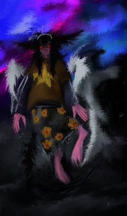 ambiguous_gender anthro back_wings black_hair blue_background clothing death dress feet floral_print floral_skirt gradient_background grey_body hair pink_feet pink_hands print_clothing print_shirt print_t-shirt print_topwear purple_background red_eyes sad shirt simple_background solo star_print star_shirt t-shirt topwear whiskers white_wings wings plaksapisya domestic_cat felid feline felis ghost mammal spirit hi_res