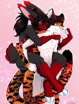 anthro carrying_another carrying_partner duo female male one_eye_closed touching_face wink rick_4rt felid feline lagomorph leopard leporid mammal pantherine rabbit absurd_res hi_res