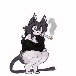 anthro black_clothing black_eyes black_hair black_nose black_tail blinking bottomwear breasts chest_tuft cigarette cigarette_in_mouth cigarette_smoke cleavage clothed clothing crouching dolphin_shorts featureless_feet feet female female_anthro fingers fully_clothed fur hair hand_on_face long_hair long_tail looking_at_viewer mouth_closed object_in_mouth pose pupils shorts simple_background smoke solo tail topwear tuft white_background white_body white_fur makonekko mako_(makonekko) domestic_cat felid feline felis mammal 1:1 2025 2d_animation animated digital_drawing_(artwork) digital_media_(artwork) frame_by_frame