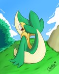 3_fingers cloud female feral fingers grass green_body green_tail nature outside plant sitting sitting_on_grass sky solo tail glacefrostbite nintendo pokemon generation_5_pokemon pokemon_(species) reptile scalie snake snivy hi_res