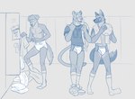 anthro athletic bottomless bullying clean_diaper clothed clothing diaper folded_diaper group locker_room male pull-ups_(diaper) school simple_background topless wearing_diaper colt3n jack_(colt3n) canid canine canis domestic_dog felid mammal pantherine absurd_res hi_res