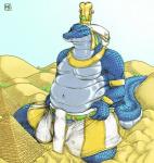 anthro atef_crown belly belly_folds biped blue_body blue_scales bulge clothed clothing crown desert egyptian egyptian_clothing egyptian_headdress gold_(metal) gold_jewelry green_eyes headdress headgear headpiece headwear jewelry kneeling larger_male looking_at_viewer macro male micro moobs musclegut muscular navel necklace overweight overweight_anthro overweight_male pecs pectoral_(jewelry) pyramid radiant_crown sand scales shendyt size_difference slightly_chubby solo tail teeth text topless ventral_scales kalnareff sobek crocodile crocodilian deity reptile scalie 2013 english_text