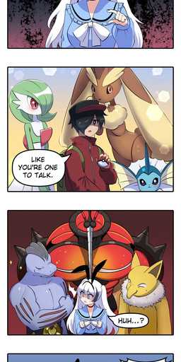 angry anthro backpack black_bottomwear black_clothing black_hair blue_clothing blue_eyes blush bottomwear clothed clothing dialogue fake_ears fake_rabbit_ears female gesture group hair hand_gesture long_hair male nude pointing red_clothing short_hair speech_bubble text white_hair merryweatherey nintendo pokemon pokemon_trainer sally_sinclair buzzwole eeveelution generation_1_pokemon generation_4_pokemon generation_7_pokemon human hypno_(pokemon) lopunny machoke mammal pokemon_(species) ultra_beast vaporeon absurd_res comic english_text hi_res url