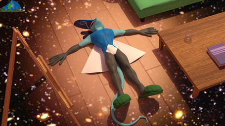 anthro black_body black_skin blue_body blue_skin book coffee_table cosmic_background detailed_background easel eyes_closed floor furniture grass green_slippers green_sofa inside lying lying_on_ground male mantle on_back on_ground plant sofa solo space space_background spread_arms table tail white_body white_skin wood wood_floor yellow_body yellow_skin albalbalb nepptenio_(copyright) nintendo pokemon pokemon_bouclafoutis toru_murphy_september generation_8_pokemon inteleon pokemon_(species) 16:9 2025 3d_(artwork) digital_media_(artwork) hi_res watermark widescreen