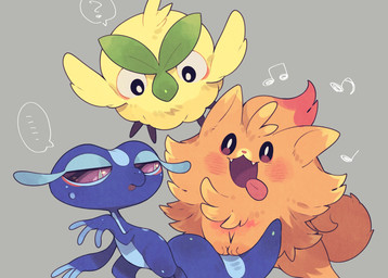 ambiguous_gender blue_body blue_skin blush blush_lines eyebrows fangs feathered_wings feathers feral fur green_body green_eyebrows green_feathers group leaf leaf_eyebrows musical_note musical_symbol open_mouth orange_body orange_fur paws purple_eyes question_mark simple_background symbol tail teeth tongue tongue_out trio wings batten12 nintendo pokemon pokemon_winds_and_waves avian bird browt canid canine gecqua generation_10_pokemon lizard mammal pokemon_(species) pombon reptile scalie 2026 hi_res