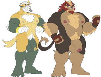 anthro big_muscles biped brown_body brown_fur duo foreskin fur genitals hair half-erect humanoid_genitalia humanoid_penis male muscular muscular_anthro muscular_male penis red_hair standing tongue tongue_out vein veiny_penis white_body white_fur white_hair yellow_body yellow_fur castrodour nintendo pokemon pokemon_(species) 2025 absurd_res hi_res
