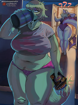 5_fingers anthro appliance belly beverage big_breasts big_butt big_tail blonde_hair blue_eyes bone_frill breasts bubble_butt butt chips_(food) claws clothed clothing curvy_figure detailed_background duo eyelashes female finger_claws fingers food fridge frill_(anatomy) green_body green_hair green_scales hair huge_hips huge_thighs inside kitchen_appliance long_tail midnight_snack midriff multicolored_body multicolored_scales navel orange_body orange_scales panties patreon_logo pink_clothing pink_panties pink_underwear pubes scales shirt short_hair skimpy slightly_chubby spiked_tail spikes spikes_(anatomy) t-shirt tail text thick_thighs topwear two_tone_body two_tone_scales underwear voluptuous voluptuous_anthro voluptuous_female white_body white_clothing white_scales white_shirt white_t-shirt white_topwear wide_hipped_anthro wide_hipped_female wide_hips deadassspider goodbye_volcano_high ko_op_(game_developer) lays_(brand) patreon ruffles_(chips) naomi_(gvh) stella_(gvh) dinosaur hadrosaurid ornithischian ornithopod parasaurolophus prehistoric_species reptile scalie stegosaurian stegosaurus thyreophoran 2026 absurd_res artist_name digital_drawing_(artwork) digital_media_(artwork) hi_res watermark