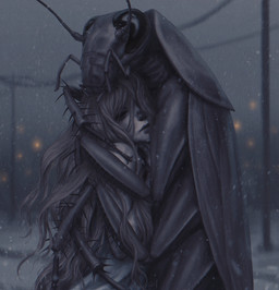 ambiguous_gender antennae_(anatomy) blurred_background cold comforting compound_eyes duo exoskeleton eyes_closed female feral freezing frostbite hair insect_wings light long_hair mandibles multi_limb sad snow snowing street survival utility_pole warming wings wire piratecashoo arthropod blattodean cockroach human insect mammal absurd_res hi_res