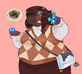 anthro bag bangs blue_eyelids blue_lipstick blue_nails bottomwear breasts brown_body cellphone charm_(jewelry) clothing colored_nails ear_piercing ear_ring electronics female flip_phone heart_ear_ring holding_object holding_phone lipstick makeup nails overweight phone piercing pink_background ring_piercing satchel scribbles shirt simple_background skirt slightly_chubby slightly_chubby_female solo speech_bubble standing topwear vest white_clothing white_shirt white_topwear twigsyy nintendo pokemon desiree_williams bovid bovine cattle chimchar generation_3_pokemon generation_4_pokemon mammal mudkip pokemon_(species) hi_res
