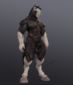 abs animal_genitalia anthro balls biceps biped black_hair cross deltoids flaccid genitals gradient_background hair hooves inverted_cross jewelry looking_at_viewer male muscular muscular_anthro muscular_male necklace pecs penis quads sheath simple_background smile smirk solo unguligrade laser_(artist) clydesdale draft_horse equid equine horse mammal 2020 hi_res