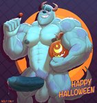 5_fingers abs balls blue_balls blue_body blue_fur blue_penis blush bodily_fluids candy claws dessert dripping erection fingers food foreskin fur genital_fluids genitals glans grin holding_candy holding_food holding_object holidays horn humanoid_genitalia humanoid_penis jack-o'-lantern lollipop male muscular muscular_humanoid muscular_male nipples nude pecs penis precum precum_drip pubes purple_eyes retracted_foreskin sharp_teeth smile solo teeth text vein veiny_balls veiny_penis wolf-con-f disney halloween monsters_inc pixar sulley humanoid monster english_text hi_res