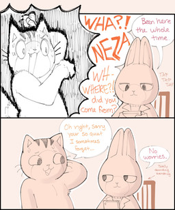 anthro biped bodily_fluids clothed clothed_anthro clothed_male clothing cute_fangs dialogue duo fangs male nude_anthro nude_male open_mouth simple_background sitting smile speech_bubble surprised sweat tail teeth text sushiamazing domestic_cat felid feline felis lagomorph leporid mammal rabbit absurd_res comic english_text hi_res