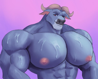 anthro big_muscles big_pecs bodily_fluids horn huge_muscles huge_pecs hyper hyper_muscles hyper_pecs male muscular muscular_anthro muscular_male nipples pecs pecs_focus solo sweat sweatdrop sweaty_body sweaty_pecs mariamame disney zootopia chief_bogo bovid bovine cape_buffalo mammal hi_res