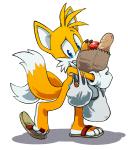 anthro big_eyes big_head blue_eyes clothing feet food footwear fur gloves handwear male multi_tail orange_body orange_fur paws sandals shoes simple_background solo tail teeth toes toony white_background white_body white_fur catbeecache finimun sega sonic_the_hedgehog_(series) miles_prower canid canine fox mammal 2017 digital_media_(artwork)