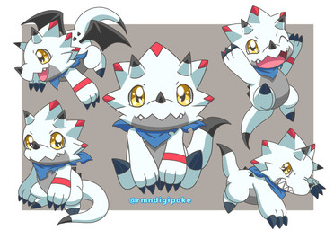 ambiguous_gender anthro chibi claws flying horn kerchief sitting solo text white_body wings yellow_eyes rmndigipoke bandai_namco digimon digimon_ghost_game digimon_(species) gammamon hi_res url