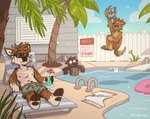 anthro beach_chair black_body black_fur black_nose blue_clothing blue_sky blue_swimming_trunks blue_swimwear blue_water brown_body brown_fur brown_nose brown_pawpads building butt canid canine canis cannonball_(swimming) clothing cloud darwin_(tinydeerguy) deer domestic_cat domestic_dog english_text eyes_closed eyewear felid feline felis fence flower fur green_clothing green_grass green_leaves green_swimming_trunks green_swimwear group gums hi_res holding_clothing holding_object holding_swimwear house male mammal matt_riskely motion_lines navel nipples no_sign nude open_mouth outside palm_tree pawpads picket_fence pink_nose plant pool sharp_teeth shocked sky smile step_ladder streaking sunglasses swimming_donut swimming_pool swimming_trunks swimsuit_only swimwear tan_body tan_fur teeth teeth_showing text tinydeerguy tongue_showing towel tree trio white_fence window