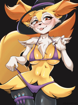 anthro big_ears big_tail bikini black_background blep breasts butt butt_from_the_front camel_toe clothed clothing eyewear female fluffy fluffy_tail front_view fur furgonomic_hat furgonomic_headwear furgonomics glasses hat headgear headwear inner_ear_fluff neck_tuft round_glasses simple_background skimpy smile solo swimwear tail thigh_gap tongue tongue_out tuft two-piece_swimsuit wearing_glasses wide_hips witch_hat yellow_body yellow_fur sou_pinatorrr nintendo pokemon light_(codeco) braixen canid generation_6_pokemon mammal pokemon_(species) 3:4 hi_res
