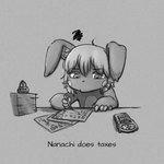 annoyed anthro calculator eyebrow_through_hair eyebrows female floppy_ears furniture hair paper pen solo table taxes text translucent translucent_hair whiskers young young_anthro young_female cobalt_snow conditional_dnp made_in_abyss nanachi narehate 1:1 2024 english_text monochrome