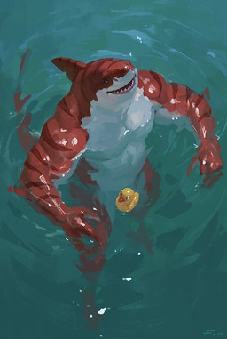 anthro blue_eyes convenient_censorship elbow_fin fin head_fin male multicolored_body multicolored_scales muscular muscular_anthro muscular_male notched_fin nude open_mouth partially_submerged red_body red_scales rubber_duck scales sharp_teeth solo striped_body striped_scales stripes swimming teeth two_tone_body two_tone_scales water white_body white_scales taran_fiddler jura_(jur4ssic) aquatic fish shark 2023 absurd_res dated hi_res signature