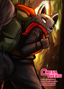 anthro backpack black_body black_bottomwear black_clothing black_fur black_nose black_tail black_topwear blue_eyes bottomwear clothed clothing eyebrows fully_clothed fur green_backpack pink_text solo tail text topwear omegatherio canid canine canis mammal wolf hi_res