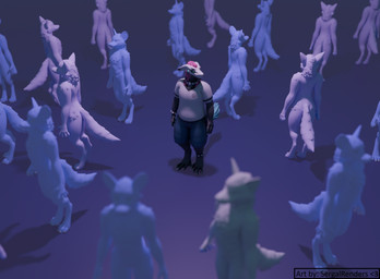 ambiguous_gender anthro bottomwear clothed clothing collar crowd ears_down fur group hair looking_away male pants pivoted_ears sad shirt solo spiked_collar spikes standing tail topwear white_clothing white_shirt white_topwear sergalrenders kristofferson_the_sergal mammal sergal 2026 3d_(artwork) blender_(artwork) digital_media_(artwork) hi_res