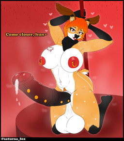 animal_genitalia animal_penis anthro balls big_balls big_breasts big_penis bodily_fluids breasts dancing ear_piercing equine_genitalia equine_penis erection fur genital_fluids genital_piercing genitals gynomorph hair huge_balls huge_penis intersex kneeling looking_at_viewer musk neck_tuft nipple_piercing nipples nude penis penis_piercing piercing pole pole_dancing precum pubes simple_background solo spots sweat sweaty_genitalia tail tattoo text tuft saturnafox zoey_(saturnafox) deer mammal absurd_res digital_media_(artwork) english_text hi_res