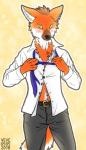 anthro belt blush blush_lines bottomwear brown_body brown_fur brown_hair clothed clothing fur hair male necktie open_clothing open_shirt open_topwear orange_body orange_fur pants shirt simple_background solo sparkles sparkling_eyes topwear white_body white_fur yellow_sclera skyelegs aggretsuko sanrio ookami_(aggretsuko) canid canine mammal maned_wolf 2018 digital_media_(artwork)