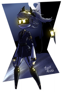 armband bow_tie clothing coat female glowing glowing_eyes grey_hair hair machine not_furry solo standing tail topwear yellow_eyes hpiola glitch_productions murder_drones j_(murder_drones) disassembly_drone humanoid robot robot_humanoid 2026 hi_res signature