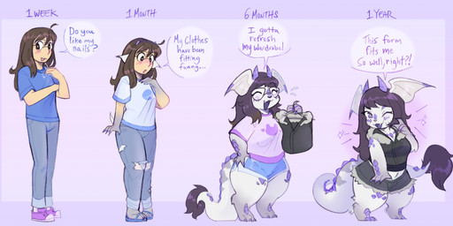 anthro blush bottomwear brown_hair clothing dialogue eyewear female footwear fur glasses growth hair head_wings horn horn_growth human_to_anthro looking_at_viewer open_mouth pants shirt shoes shorts shrinking simple_background size_transformation slightly_chubby slow_transformation smile solo species_transformation tail tail_growth text time_lapse topwear transformation unusual_wing_placement weight_gain wings pawberry mythology dragon furred_dragon furred_scalie human mammal mythological_creature mythological_scalie scalie 2023 digital_media_(artwork) english_text hi_res sequence