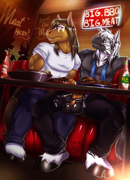 anthro balls duo erection handjob male male/male penile penis public sex stripes under_table katsuke equid equine horse mammal zebra hi_res