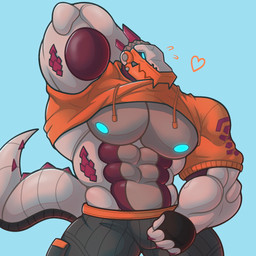 abs anthro barazoku blue_eyes bulge clothed clothing clothing_lift heart_symbol machine male muscular muscular_anthro muscular_male nipples presenting_abs shirt shirt_lift solo tail topwear darkpolari epic_games fortnite mythology haxsaur android dinosaur dragon mythological_creature mythological_scalie prehistoric_species reptile robot scalie 1:1 hi_res