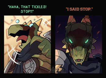 anthro armor bodily_fluids front_view glowing glowing_eyes laugh male open_mouth open_smile scarf serious_face smile solo tears text alanide microsoft the_elder_scrolls argonian scalie bust_portrait english_text hi_res multiple_scenes portrait