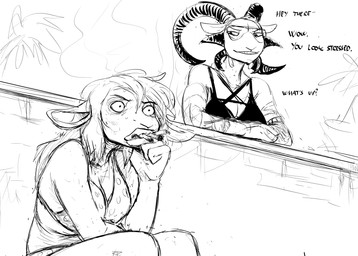 anthro bikini bikini_top bulging_eyes cigarette clothing duo eyewear female multiple_cigarettes palm_tree plant smoking sunglasses swimwear tree two-piece_swimsuit hladilnik jane_doe_(hladilnik) lucy_(hladilnik) bovid caprine demon goat mammal sheep hi_res monochrome