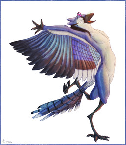 ambiguous_gender anthro beak digitigrade eyes_closed eyewear eyewear_on_head feathered_crest feathers feet female glasses glasses_on_head head_crest leaning leaning_backward navel nude on_one_leg open_beak open_hand open_mouth pose raised_arm solo spread_wings standing tail tail_feathers talon_hands talons toes wings united_patriots animal_humanoid avian avian_humanoid bird blue_jay corvid humanoid jay_(bird) new_world_jay oscine passerine absurd_res hi_res