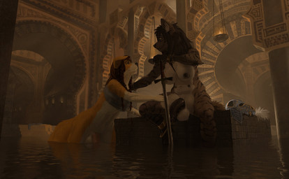amazing_background anthro balls bath bathhouse belly_nipples biped black_body black_fur black_hair black_nipples black_penis breasts brown_body brown_fur detailed_background duo fur furgonomic_headwear furgonomics genital_piercing genitals gynomorph gynomorph/gynomorph hair half-erect holding_melee_weapon holding_object holding_sword holding_weapon inside intersex intersex/intersex long_hair melee_weapon nipple_piercing nipple_ring nipples orange_body orange_fur partially_submerged penis piercing ring_piercing sword weapon white_balls white_body white_breasts white_fur tenzing zahra_(garal) canid canine canis domestic_dog hyena mammal striped_hyena 2023 absurd_res detailed digital_media_(artwork) hi_res nonbinary_(lore)