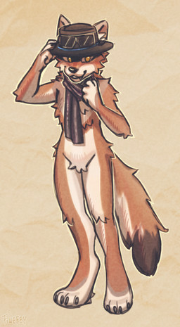 anthro clothing hand_on_hat happy hat hat_over_eyes headgear headwear looking_aside male natural_colors scarf scarf_pull smile snagletooth solo standing yellow_eyes fiuefey onyx_noche_(fried_churro) canid canine canis coyote mammal absurd_res hi_res