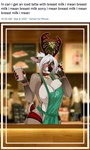 anthro antlers apron apron_only blush breasts clothing coffee_cup coffee_shop container cup detailed_background dialogue_box dual_holding female green_apron green_clothing grey_body hair holding_container holding_cup holding_object holding_pen holly_(plant) horn left-handed marker milk mistletoe mostly_nude nipples number pen plant repeated_text solo standing text time timestamp white_hair writing_utensil doodlelu1992 i_mean_breast_milk anastasia_dumont deer mammal english_text hi_res meme