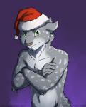 anthro biped christmas_clothing christmas_headwear clothing crossed_arms frown hat headgear headwear holidays male navel pouting santa_hat simple_background solo standing text curiodraco christmas mars_(thequeenofmars) felid mammal pantherine snow_leopard 2013 english_text