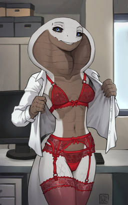 anthro blue_eyes bra breasts brown_body brown_scales camel_toe clothed clothing collared_shirt dress_shirt female garter_belt garter_straps legwear lingerie long_neck looking_at_viewer navel nipples non-mammal_breasts non-mammal_navel non-mammal_nipples office open_clothing open_shirt open_topwear panties red_bra red_clothing red_lingerie red_underwear scales shirt smile snake_hood solo stockings tail thigh_highs topwear underwear unprofessional_behavior ventral_scales white_body white_scales ethrk nawa_(ethrk) cobra reptile scalie snake 2025 digital_media_(artwork) hi_res