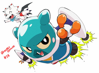 anthro blue_body blush blush_stickers duo flying jet_pack kerchief male simple_background spacesuit white_background wings yellow_eyes kubota_keita bandai_namco digimon digimon_ghost_game gammamon_(ghost_game) digimon_(species) espimon gammamon hi_res