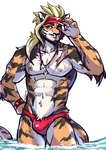 anthro bulge clothing fur hat headgear headwear lifeguard male muscular muscular_anthro muscular_male red_clothing red_speedo red_swimwear scar solo speedo swimwear underwater visor_cap water midnight_blue felid mammal pantherine tiger absurd_res hi_res