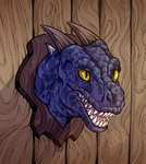 award blue_body blue_scales fangs grin male pupils scales sharp_teeth slit_pupils smile solo taxidermy taxidermy_mount teeth trophy trophy_head wall_(structure) wood wood_wall yellow_sclera kolkolukija dinosaur prehistoric_species reptile scalie hi_res