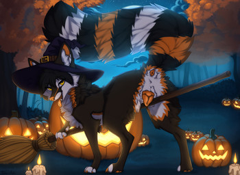 animal_genitalia animal_vulva anus black_body black_fur broom canine_genitalia canine_vulva claws cleaning_tool clothing female feral fur genitals hat headgear headwear holidays jack-o'-lantern orange_anus orange_claws orange_nose orange_tongue orange_vulva solo tail_anus tongue tongue_out vulva whiskers witch_hat yellow_eyes a.o.kigahara_(artist) taka_(artist) halloween kulza bassariscus mammal procyonid ring-tailed_cat artist_collaboration hi_res