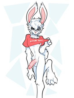 anthro balls bottomless bottomless_anthro bottomless_male clothed clothing crop_top erection fur genitals hair half-closed_eyes humanoid_genitalia humanoid_penis male narrowed_eyes penis shirt simple_background solo topwear white_background white_body white_fur white_hair xing1 lagomorph leporid mammal rabbit 3:4 absurd_res hi_res