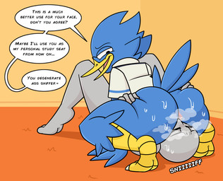 2_toes ambiguous_gender anthro anus avian_feet beak blue_body blue_feathers bodily_fluids bottomless butt butt_sniffing butt_squish carpet clothed clothing crouching degradation dialogue dirty_talk duo eyes_closed eyewear facesitting feathers feet fingers glasses grey_body grey_skin half-closed_eyes hand_on_butt human_on_anthro inside insult interspecies looking_pleasured lying male male/ambiguous musk narrowed_eyes nose_to_anus on_back on_top open_beak open_mouth open_smile pink_anus scent_play shirt sitting sitting_on_another smelly smile smirk smug sniffing sound_effects speech_bubble squish steam straddling sweat sweatdrop sweaty_butt sweaty_face tail tail_feathers talons text toes tongue topwear topwear_only yellow_beak not_a_furfag deltarune undertale_(series) anon berdly avian bird human mammal absurd_res english_text hi_res