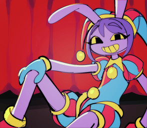 anthro big_ears blue_clothing blue_gloves blue_handwear clothing female fool's_hat fur gloves hair hand_on_knee hand_on_leg hand_on_own_knee hand_on_own_leg handwear hat headgear headwear humanoid_hands jester jester_outfit looking_at_viewer purple_body purple_fur purple_hair red_clothing red_gloves red_handwear sitting sitting_on_ground smile smiling_at_viewer solo lyssahh glitch_productions the_amazing_digital_circus gooseworx's_post-transition_jax_design jax_(tadc) lagomorph leporid mammal rabbit 2026 digital_drawing_(artwork) digital_media_(artwork) english_description hi_res trans_(lore) trans_woman_(lore)