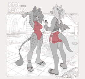 anthro bottomwear clipboard clothing duo exposed_feet feet female flip_flops floor footwear fur inside long_tail markings one-piece_swimsuit pool_toy red_bottomwear red_clothing red_shorts red_swimwear rounded_ears sandals shirt shoes shorts spots spotted_body spotted_fur striped_markings striped_tail stripes swimming_pool swimwear tail tail_markings tank_top tile tile_floor topwear two-piece_swimsuit wings j_axer mythology dragon mythological_creature mythological_scalie scalie digital_media_(artwork) greyscale hi_res monochrome