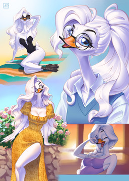 anthro beak bikini blue_eyes clothing dress eyewear feathers female flower glasses hair hand_behind_head long_hair long_neck looking_at_viewer multiple_poses open_beak open_mouth plant pose shirt sky smile solo sunglasses sunset swimwear topwear two-piece_swimsuit vest white_body white_feathers white_hair yawn holivi moira_nightingale anatid anseriform anserine avian bird mute_swan swan 2023 absurd_res hi_res