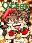 anthro bell blush brown_body brown_fur christmas_clothing christmas_headwear clothing eyebrows eyes_closed fur hat headgear headwear holidays male santa_hat smile solo text thick_eyebrows mazamaza2016 christmas lifewonders tokyo_afterschool_summoners otter_(tas) mammal mustelid otter 3:4 english_text